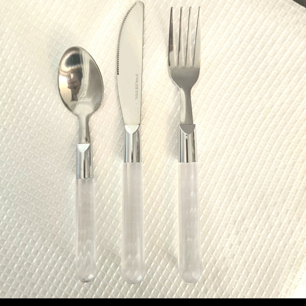 Satin Handled Flatware Set Stainless Geometric Pattern Fork Spoon Knife